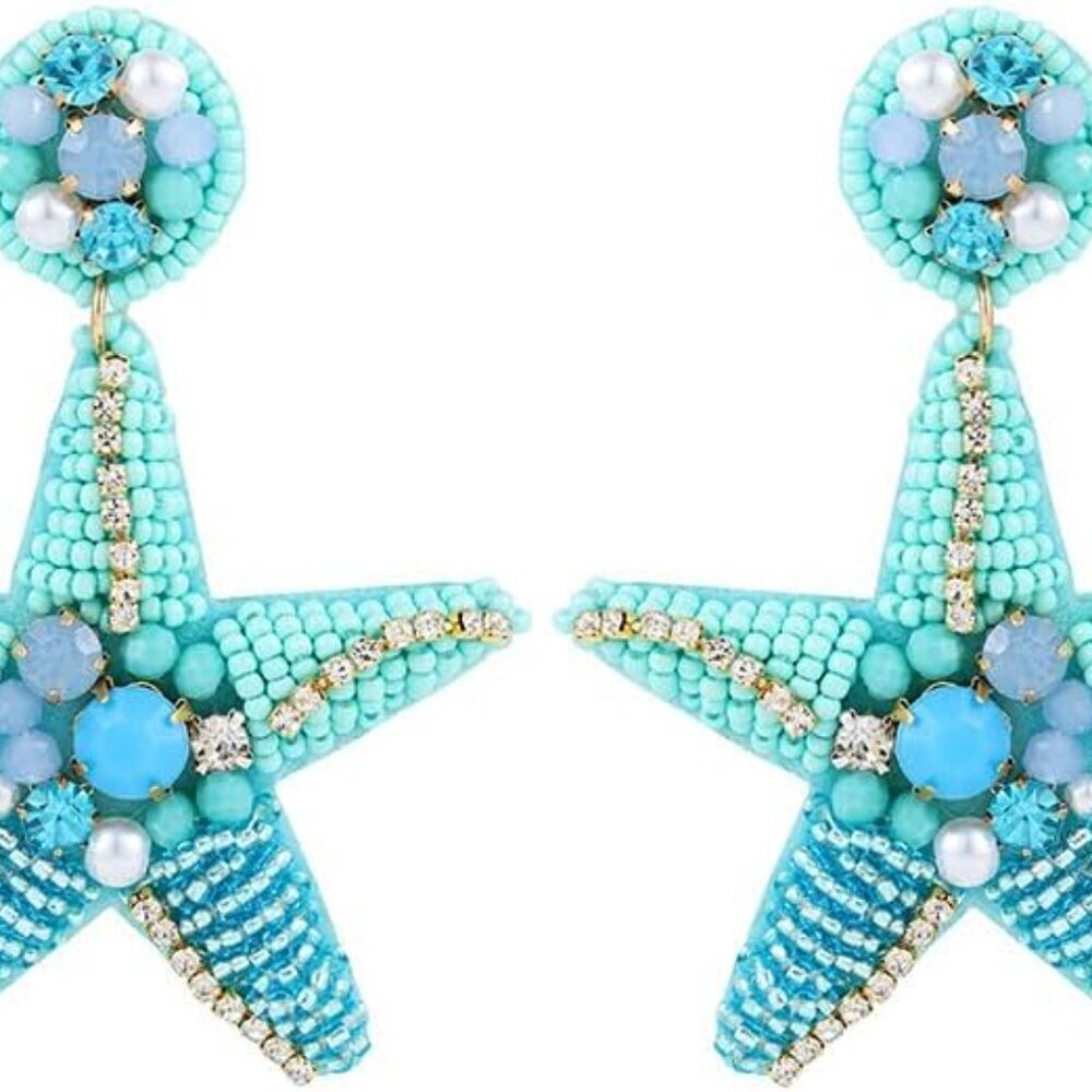 Starfish Boho Beaded Drop Earrings with Shells for Women, Summer Beach Jewelry